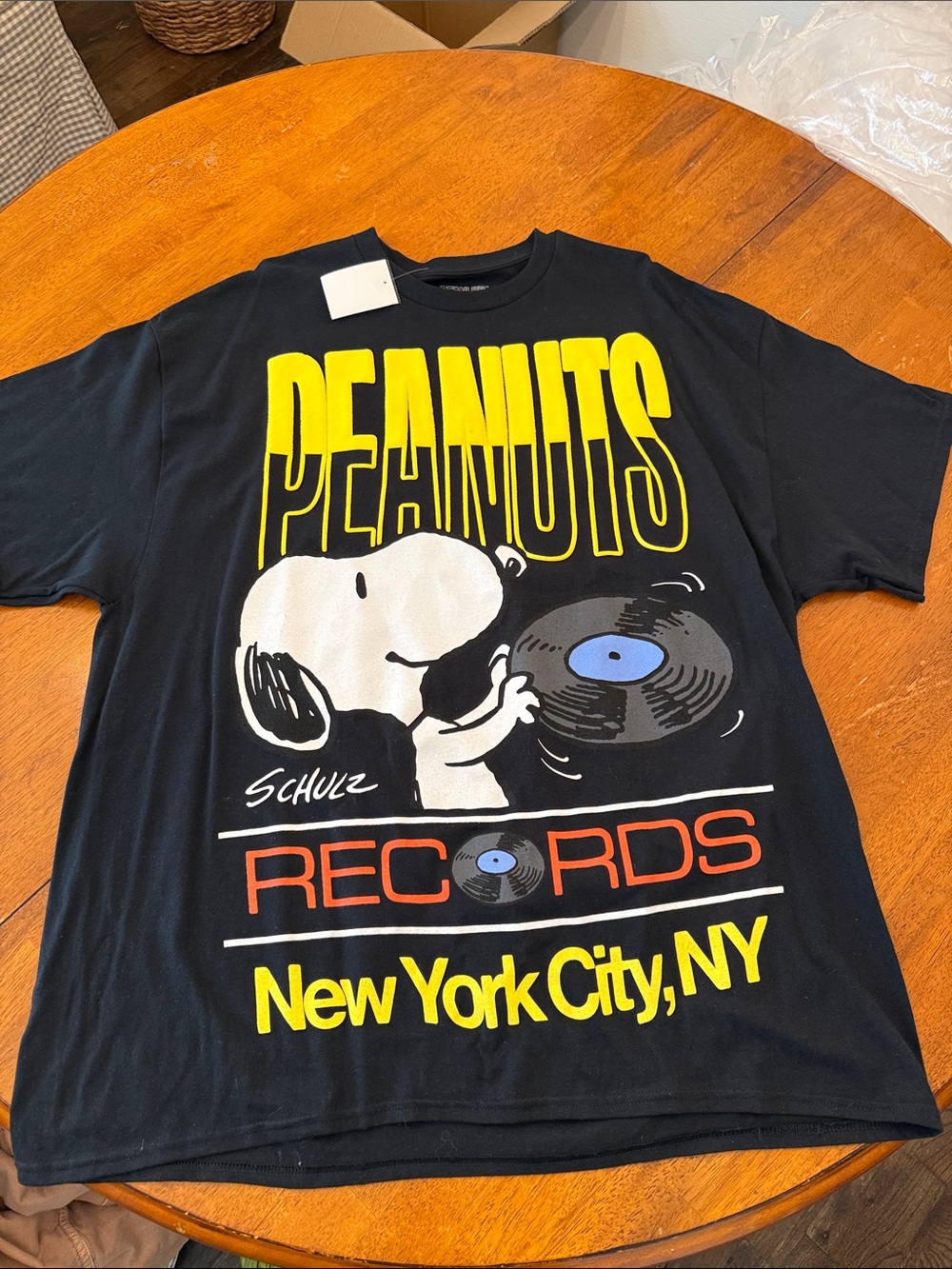 Peanuts Black Graphic Tee with Yellow, White & Orange Print NYC Records xxl